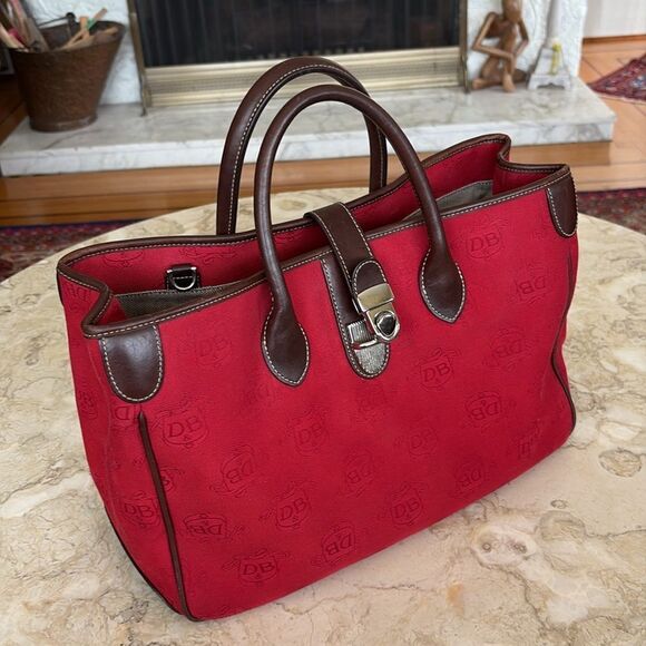 Dooney & Bourke Dual Handle Satchel Donegal Crest Red Canvas & Leather Bag - Picture 4 of 14
